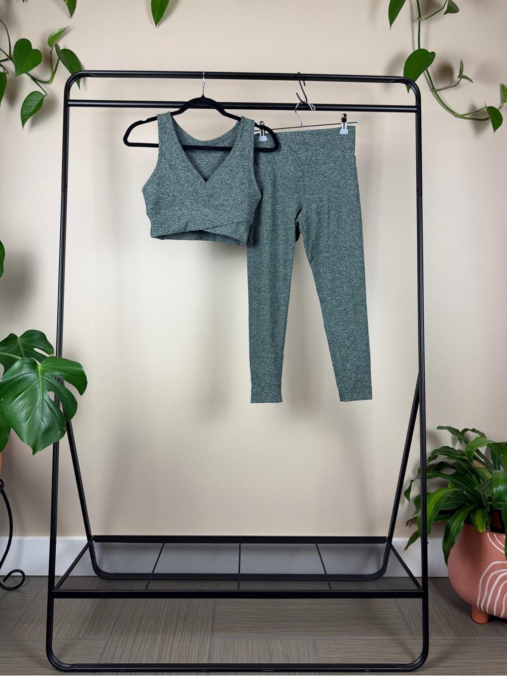 Zella Heathered Green Leggings & V-Neck Sports Bra Set
